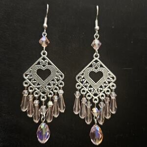Antique silver filigree heart and pink glass crystal chandelier earrings